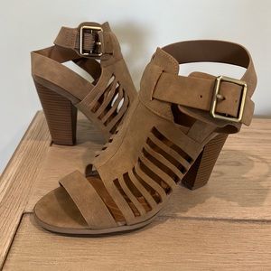 Tan, strappy heels